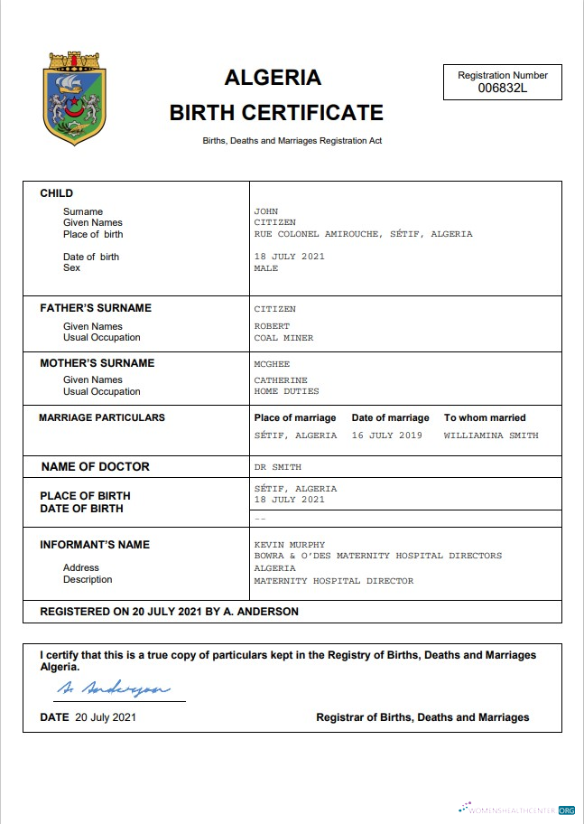 Download Algeria vital record birth certificate Word Photoshop template